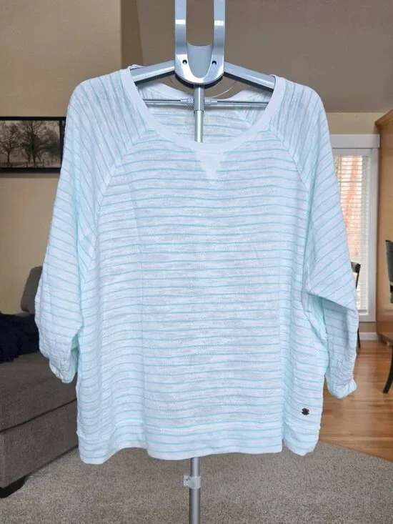 NWT Calvin Klein sz 3X striped white/aqua performance dry blue top - Picture 2 of 4